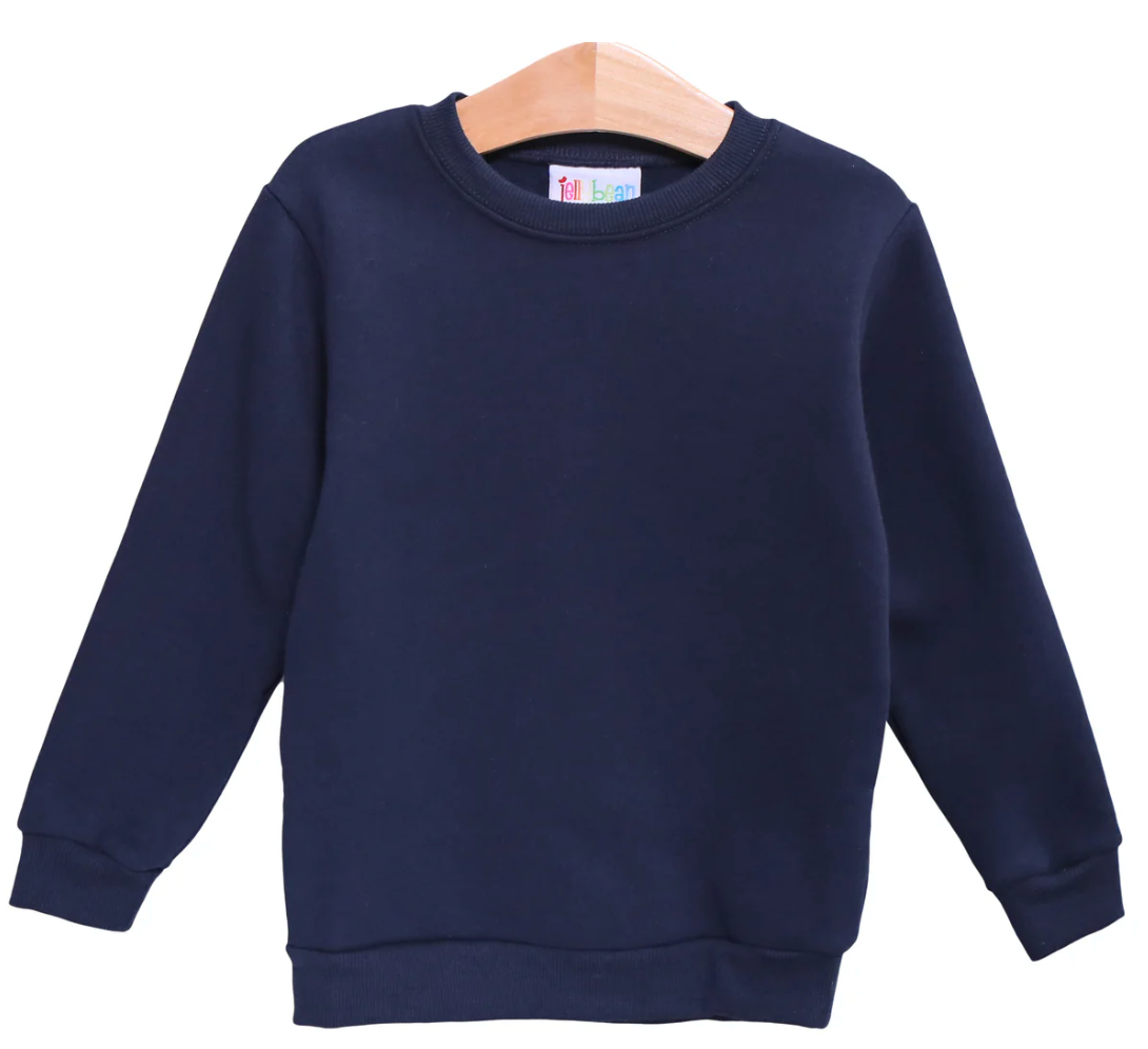 Navy blue sweatshirt on a wooden hanger with a white background